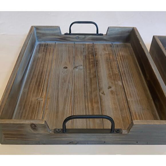 2 Decorative Nested Wood Serving Trays Rustic Wooden Breakfast Trays w/Handles - Picture 4 of 10